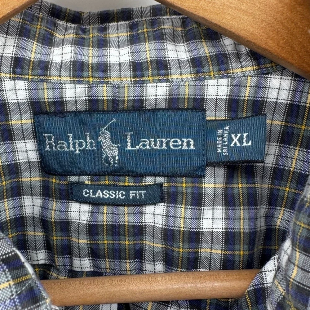 Ralph Lauren Classic Fit Mens XL Plaid Button Down‎ Shirt Navy White Yellow Pony
